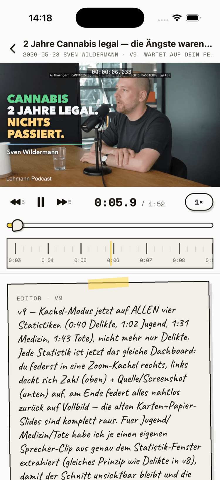 rlpod app — clip review: frame-accurate player with the editor's handwritten note