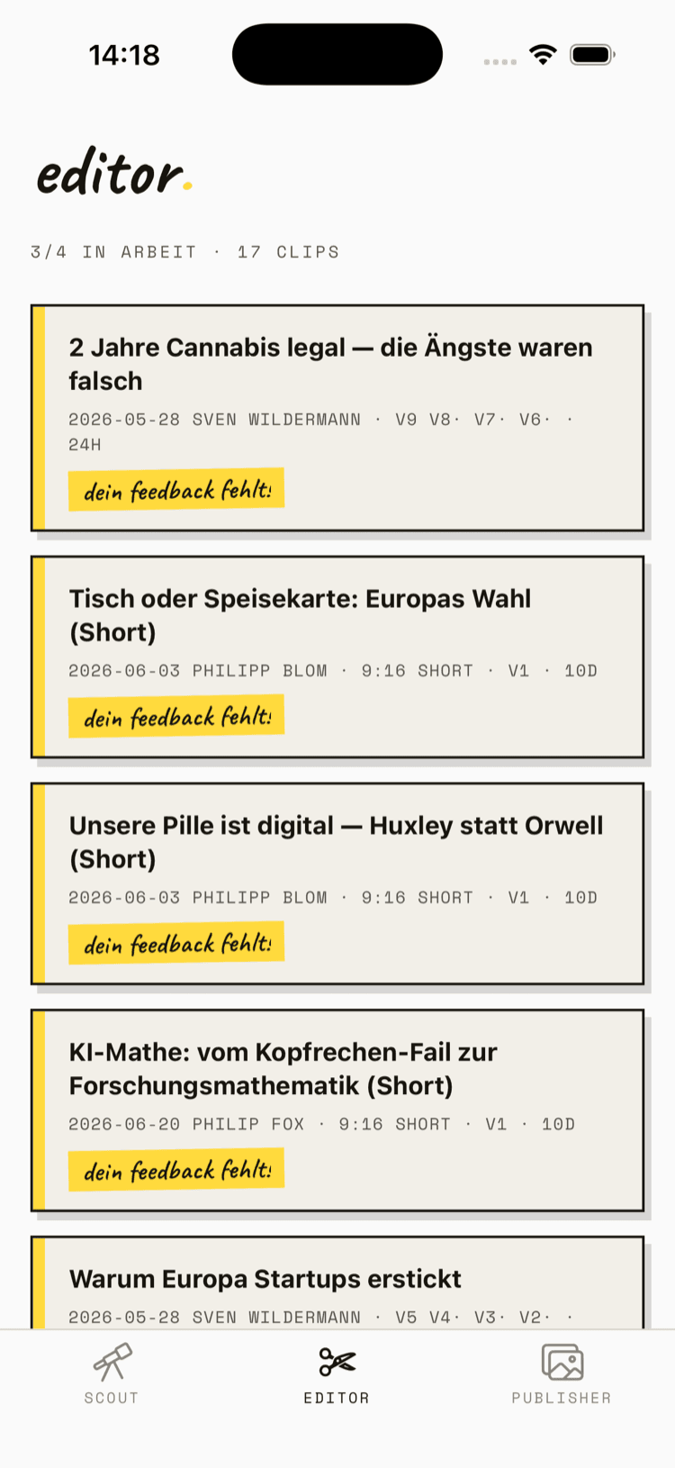 rlpod app — the editor queue: every clip that's waiting on your feedback
